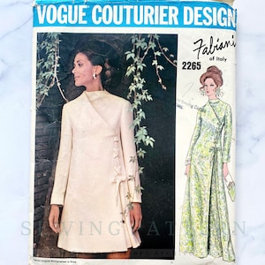 May include: A vintage Vogue Couturier Design sewing pattern by Fabiani of Italy, pattern number 2265. The cover features a photograph of a woman in a light-colored dress with bow details and a line drawing of a long dress. The pattern is from the Sewing Pattern Archive.