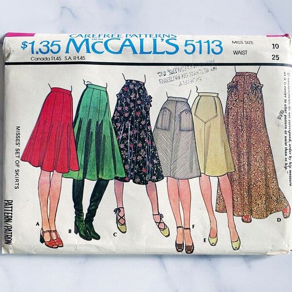 70s McCalls 5113 25 Waist uncut ff Full Flared Knee, Midi, or Ankle Maxi Length GORED SKIRT SET 1970s Vintage Sewing Pattern