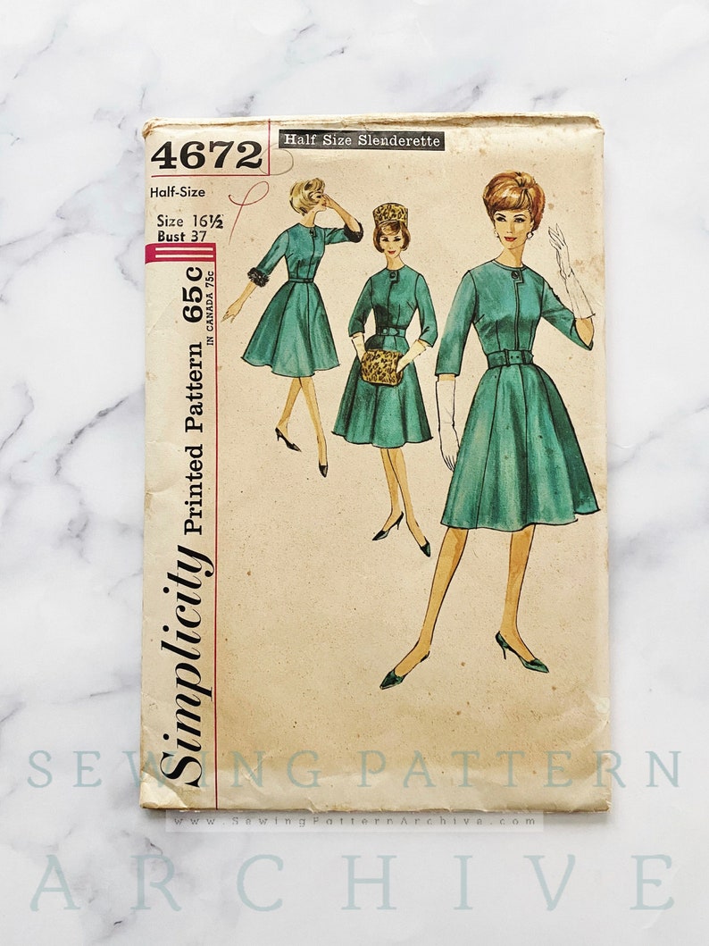 60s Simplicity 4672. 37 bust ff. front tab flare day dress hat muff. elbow sleeves rockabilly retro pinup 1950s vintage sewing pattern image 1