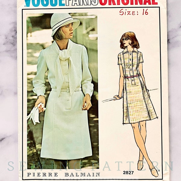 70s Vogue Paris Original 2827 38 bust uncut ff Pierre Balmain A line tie collar shirt dress 1970s Vintage Sewing Pattern volup plus size