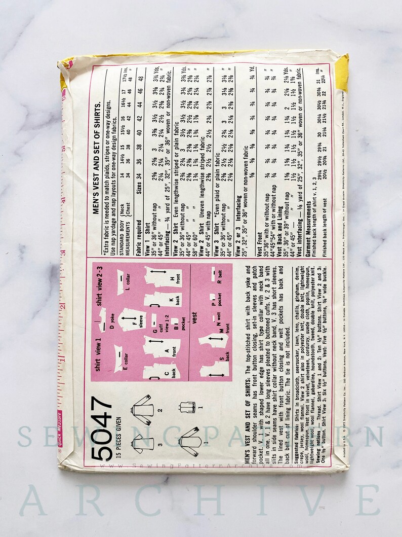 May include: Sewing pattern instructions for a vest and a set of shirts. The pattern includes a diagram of the garment pieces and a chart with fabric requirements for different sizes.