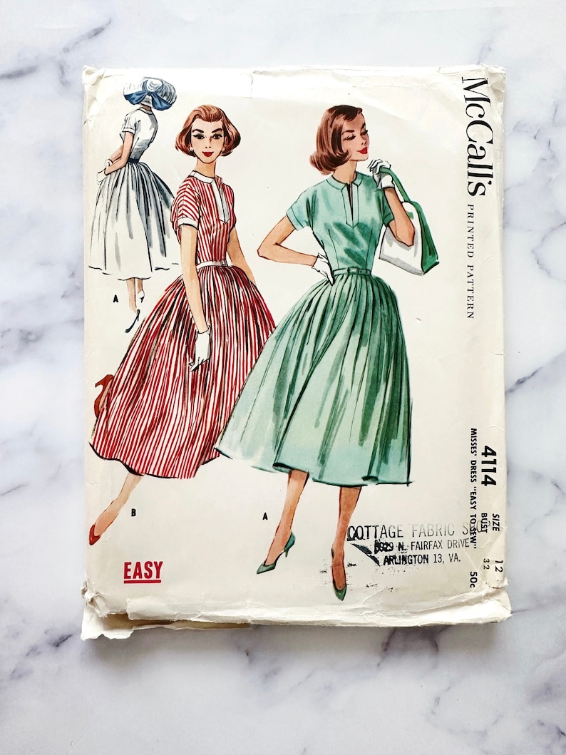 50s McCalls 4114. 32 bust. Full pleat or slim wiggle sheath skirt 1950s retro cocktail dress. front placket. Vintage sewing pattern. image 1