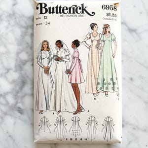 70s Butterick 6958. 34 bust boho prairie cottage core wedding dress empire waist long puff sleeves. 1970s vintage sewing pattern