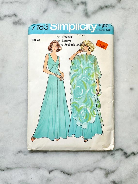 70s Simplicity 7183. 34 bust ff. goddess evening gown maxi dress + float  poncho cape. 1970s Vintage Sewing Pattern