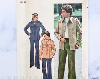 70s Simplicity 7726. 36,38, 42 chest uncut ff. Mens unlined wide collar jacket + flare leg pants disco retro 1970s vintage Sewing Pattern