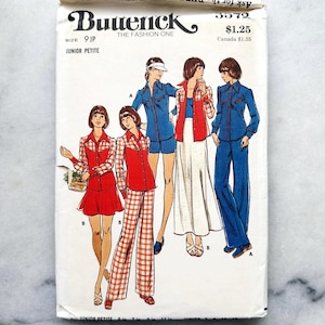 May include: Vintage Butterick sewing pattern featuring illustrations of women's fashion designs. The pattern includes a variety of outfits, such as a skirt suit, pantsuit, and jumpsuit, in red and blue color schemes. The pattern is for Junior Petite sizes.