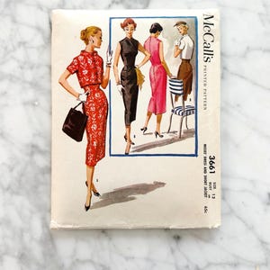 50s McCalls 3661. 30 bust. Asian mandarin collar crop short sleeve. fitted sleeveless sheath cross front dress 1950s Vintage Sewing Pattern