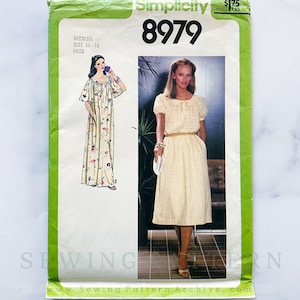 May include: A vintage Simplicity sewing pattern, number 8979, featuring illustrations of two dresses. The pattern is for a medium size, 14-16. The cover is green and white with the text "Sewing Pattern Archive."
