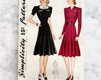 Simplicity 3513 – Bust 34. 1940s princess-seam day dress with detachable collar. Fit and flare wartime style. Vintage sewing pattern.