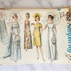 60s Simplicity 6352. 30.5 bust. mod retro empire waist wedding dress long sleeves train gown. 1960s vintage sewing pattern