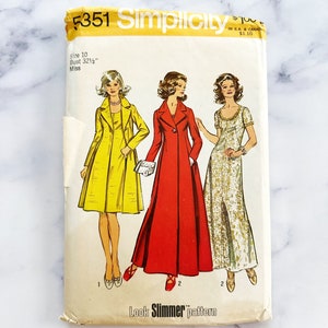 May include: Vintage Simplicity sewing pattern number 351 for a dress and coat. The pattern is for size 10, bust 32 1/2 inches, and is for misses. The pattern shows three women wearing the garments. The woman on the left is wearing a yellow dress and coat. The woman in the middle is wearing a red dress and coat. The woman on the right is wearing a white dress with gold embroidery. The pattern is labeled "Look Slimmer pattern".