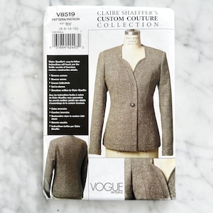 May include: A Vogue Patterns sewing pattern, V8519, featuring a tailored jacket design. The pattern includes instructions by Claire Shaeffer for couture construction. The package displays a sample jacket in a speckled brown fabric.