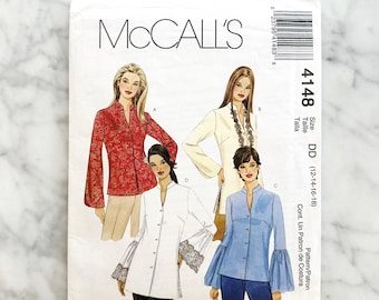 McCalls 4148 – Size 12-18. 2000s fitted blouse with bell sleeves and asian collar. Feminine tunic top styling. Vintage sewing pattern