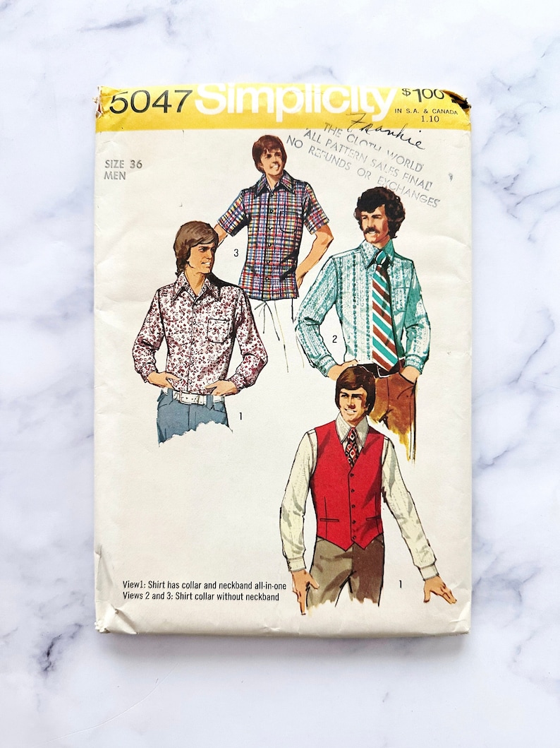 May include: A vintage Simplicity sewing pattern for a men's shirt. The pattern is for size 36 and features three different views of the shirt. The pattern is titled "The Cloth World" and includes the text "All Pattern Sales Final, No Refunds or Exchanges".