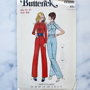 70s Butterick 6086. 34 bust. zip front boiler suit wide retro collar jumpsuit elastic waist long short sleeves 1970s vintage sewing pattern.