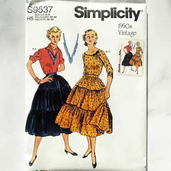 Simplicity S9537. 4-12, 14-22. uncut ff new. retro tiered ruffle skirt patio dress boatneck blouse. 1950s vintage sewing pattern reissue