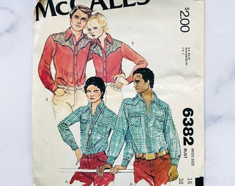 70s McCalls 6382. 38 bust uncut ff. western cowgirl front back yoke collar button shirt. 1970s Vintage Sewing Pattern volup plus size