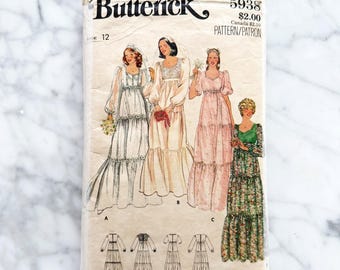 70s Butterick 5938. 34 bust. gunne sax style prairie cottage core wedding gown dress. empire waist tiered skirt 1970s vintage sewing pattern
