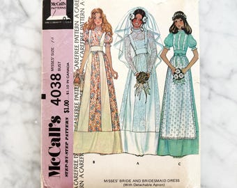 jaren 70 McCalls 4038 32 buste gunne sax-stijl prairie cottage kern trouwjurk ruche schort pofmouwen. Vintage naaipatroon jaren 70