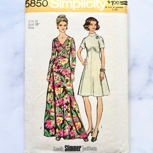 70s Simplicity 5850. 32.5, 34 bust uncut ff retro mod mock neck dress with sleeves maxi gown Look Slimmer 1970s vintage sewing pattern