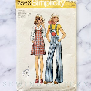 May include: Simplicity sewing pattern number 6568 for a young girl's overalls. The pattern includes two sizes, 9/10 and 11/12, with a bust measurement of 30 1/2 inches. The pattern shows two girls wearing the overalls, one with a plaid skirt and the other with striped pants.