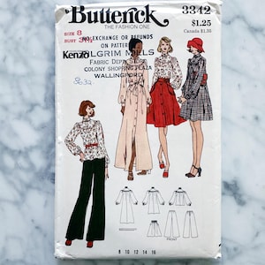 May include: Vintage sewing pattern for a women's dress and pants. The pattern is from Butterick and is number 3342. The pattern includes instructions for sizes 8 to 16. The pattern is for a dress with a long skirt and a blouse with a high neck and long sleeves. The pattern also includes instructions for a pair of pants with a wide leg.