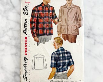 Simplicity 1961 – Large. 1940s mens button front shirt and jacket. Classic plaid workwear style. Vintage sewing pattern.
