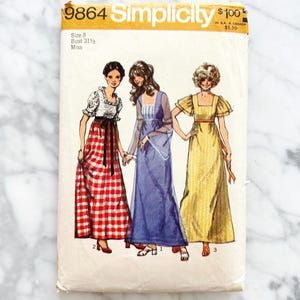 Simplicity 9864 – Bust 31.5. 1970s prairie dress pattern. Cottagecore peasant style with puff sleeves or ruffle trim. Vintage sewing pattern