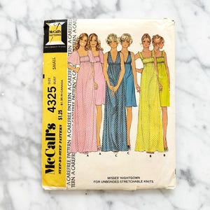 May include: McCall's sewing pattern number 4325 for a misses' nightgown. The pattern is for unbonded stretchable knits and includes three different styles. The pattern is $1.25 in the US and $1.35 in Canada.