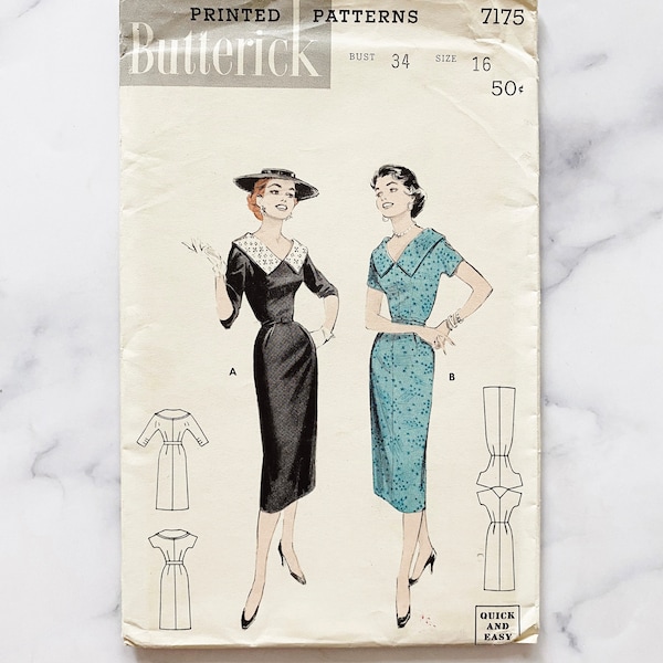 50s Butterick 7175 34 36 bust uncut ff. slim wiggle skirt wide collar elbow short sleeve dress. volup plus size 1950s Vintage Sewing Pattern