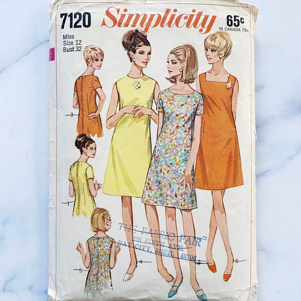 60s Simplicity 7120 32 bust. Basic shift sloper dress block. square boatneck three neckline variations.  1960s Vintage Sewing Pattern