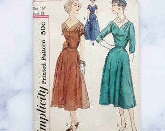 50s Simplicity 2925. 37 bust. volup fit flare drape neckline cocktail dress evening gown. rockabilly retro 1950s vintage sewing pattern