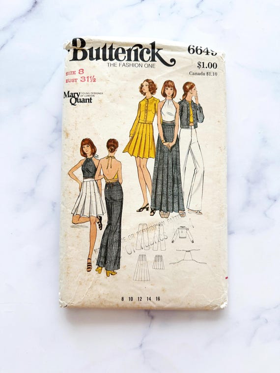 70s Butterick 6649. 31 bust ff. Mary Quant halter crop top bomber jacket. High waist pants pleated skirt. mod 1970s Vintage Sewing Pattern