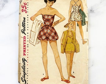 50s Simplicity 4715. 29 bust Strapless romper cross back strap playsuit romper shorts bathing suit + jacket 1950s Vintage Sewing Pattern