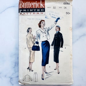 50s Butterick 6848. 32 bust. slim wiggle midi skirt short crop boxy jacket retro skirt suit. pinup rockabilly 1950s vintage sewing pattern. image 1