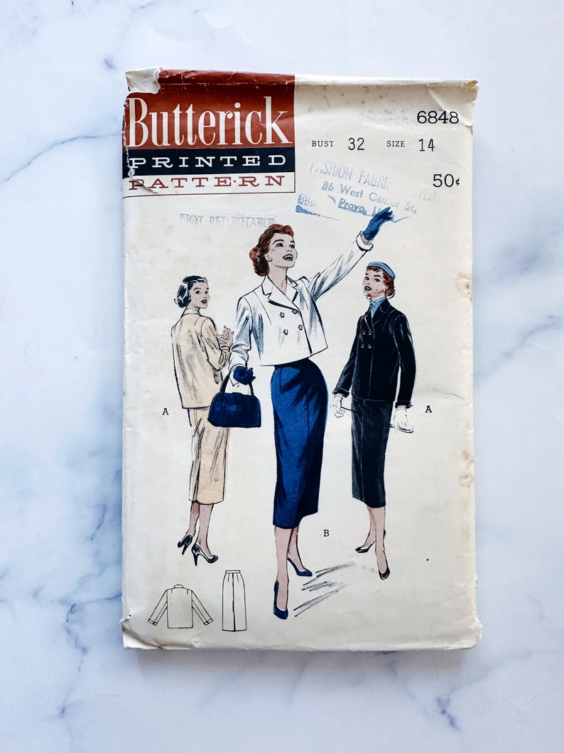 50s Butterick 6848. 32 bust. slim wiggle midi skirt short crop boxy jacket retro skirt suit. pinup rockabilly 1950s vintage sewing pattern. image 1