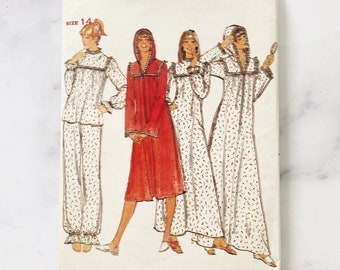 70s Butterick 5659. 36 bust uncut ff. retro boho lingerie collar peignoir hooded nightgown ruffle yoke pajamas 1970s vintage sewing pattern