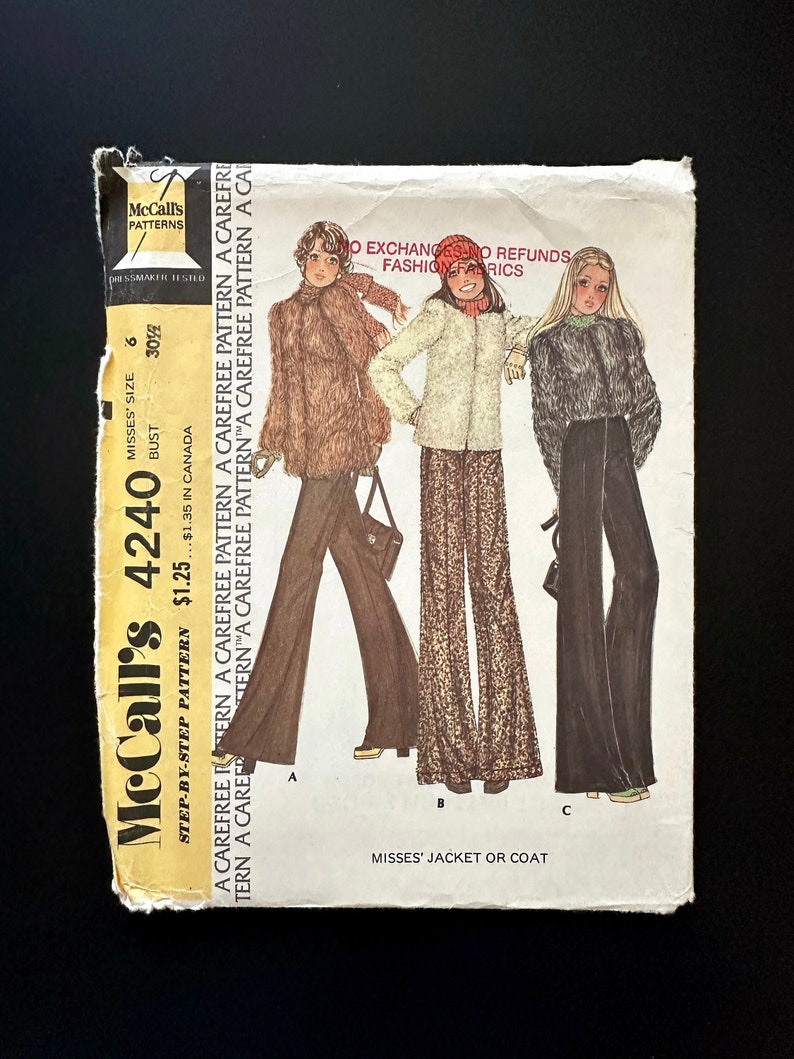 70s McCalls 4240. 30 bust ff. mod faux fur cropped bomber jacket or coat in 3 lengths. short or long. retro 1970s vintage sewing pattern image 1