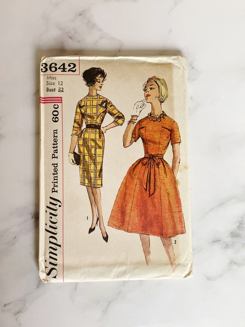 60s Simplicity 3642. 32 bust uncut ff. 1960s vintage sewing pattern. Jackie O retro day dress 3/4 or short sleeves, slim or full skirt image 1