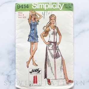 May include: Simplicity sewing pattern number 9414 for a dress. The pattern is for a miss size 8 with a bust measurement of 31 1/2 inches. The pattern includes two main pattern pieces and is labeled "Jiffy easy cut-easy sew".