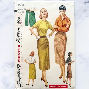 50s Simplicity 1688. 26 waist. retro wrap skirt. Side Button front or back wrap slim wiggle pencil skirt. 1950s Vintage Sewing Pattern image 1