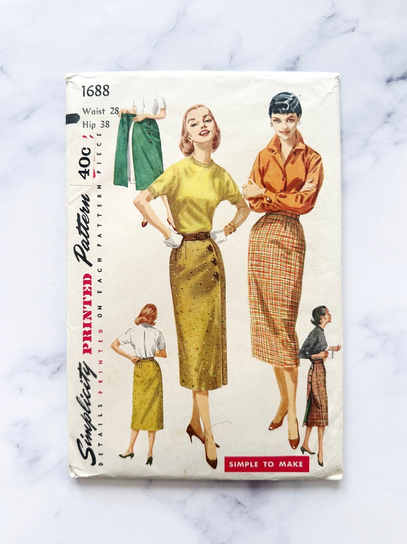 50s Simplicity 1688. 26 waist. retro wrap skirt. Side Button front or back wrap slim wiggle pencil skirt. 1950s Vintage Sewing Pattern image 1