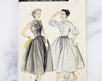 50s Advance 8290. 31 bust uncut ff Sew easy Full Gathered Bouffant button shirt dress with scarf bow tie collar 1950s vintage Sewing Pattern