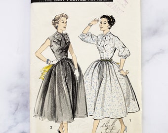 50s Advance 8290. 31 bust uncut ff Sew easy Full Gathered Bouffant button shirt dress with scarf bow tie collar 1950s vintage Sewing Pattern