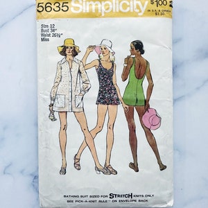 May include: Simplicity sewing pattern number 5635 for a bathing suit, featuring three different styles. The pattern is for stretch knits only and includes instructions for a pick-a-knit rule.