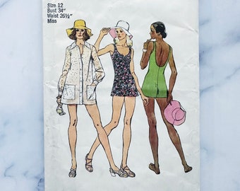 70s Simplicity 5635. 32.5, 34 bust. retro bathing suit shorts. beach cover up tunic. one piece romper swim suit 1970s vintage Sewing Pattern