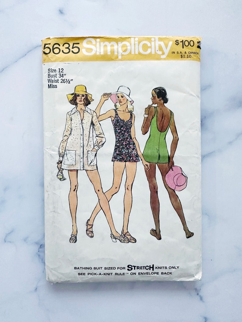 70s Simplicity 5635. 34 bust. retro bathing suit shorts. beach cover up tunic. one piece romper swim suit 1970s vintage Sewing Pattern image 1