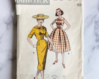 50s Butterick 8459. 32 bust. Fit and flare button collar party cocktail dress rockabilly retro dress bow. 1950s vintage sewing pattern.