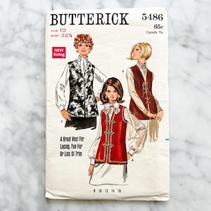 May include: Vintage Butterick sewing pattern, size 10, featuring vest designs. The cover shows illustrations of vests with options for lacing, fur, and trim. The bust size is 32 1/2 inches.