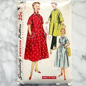 May include: Vintage Simplicity sewing pattern number 4471 for a dress. The pattern includes three different styles: a red polka dot dress, a green dress with pockets, and a striped dress with a tie belt. The pattern is printed on a white background with black text. The text on the pattern reads "Simplicity Printed Pattern 35c Details Printed on Each Pattern Piece Simple to Make".